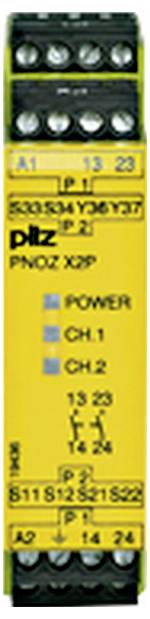 Gul PILZ PNOZ X2 sikkerhedsrelæmodul med terminalmarkringer A1, A2, 13, 14, 23, 24 og indikatorer for POWER, CH.1 og CH.2.