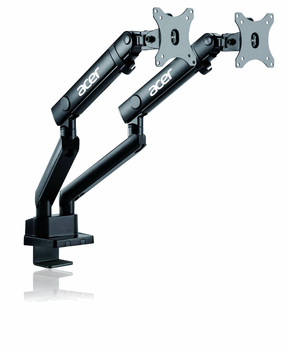 Acer dual monitor-arm-montering med to artikulerede sorte arme og VESA-plader, vist på hvid baggrund.