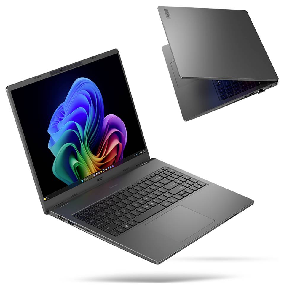 Grå bærbar computer vist åben med farverig Windows-lignende baggrund, plus en mindre visning af det lukkede låg på hvid baggrund.