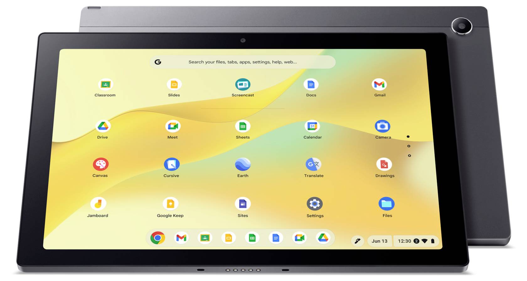 Chrome OS-tablet hjemmeskærm med app-ikoner og søgefelt, vist på en konvertibel bærbar computer i tabletilstand.