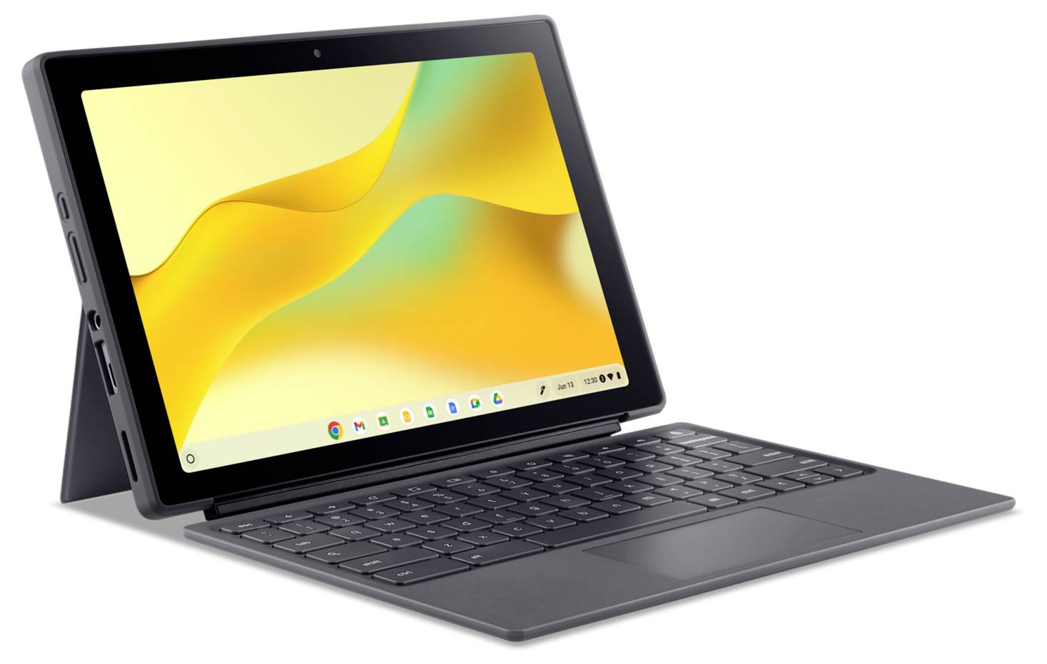 En sort 2-i-1 tablet-laptop i kickstand-tilstand med et aftagelig tastatur, der viser et gult abstrakt desktop-baggrundsbillede.