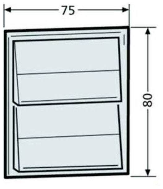 Diagram af et skrå jalousivinduer eller ventil, mærket 75 bredt og 80 højt.