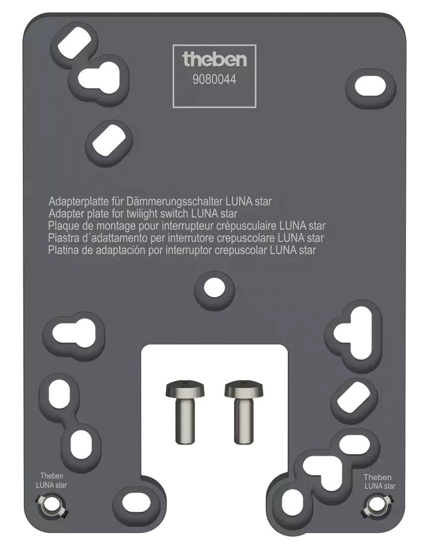 Grå Theben-adapterplade til LUNA star skumringsafbryder, vist med flere monteringsspor og to vedlagte skruer i midten.