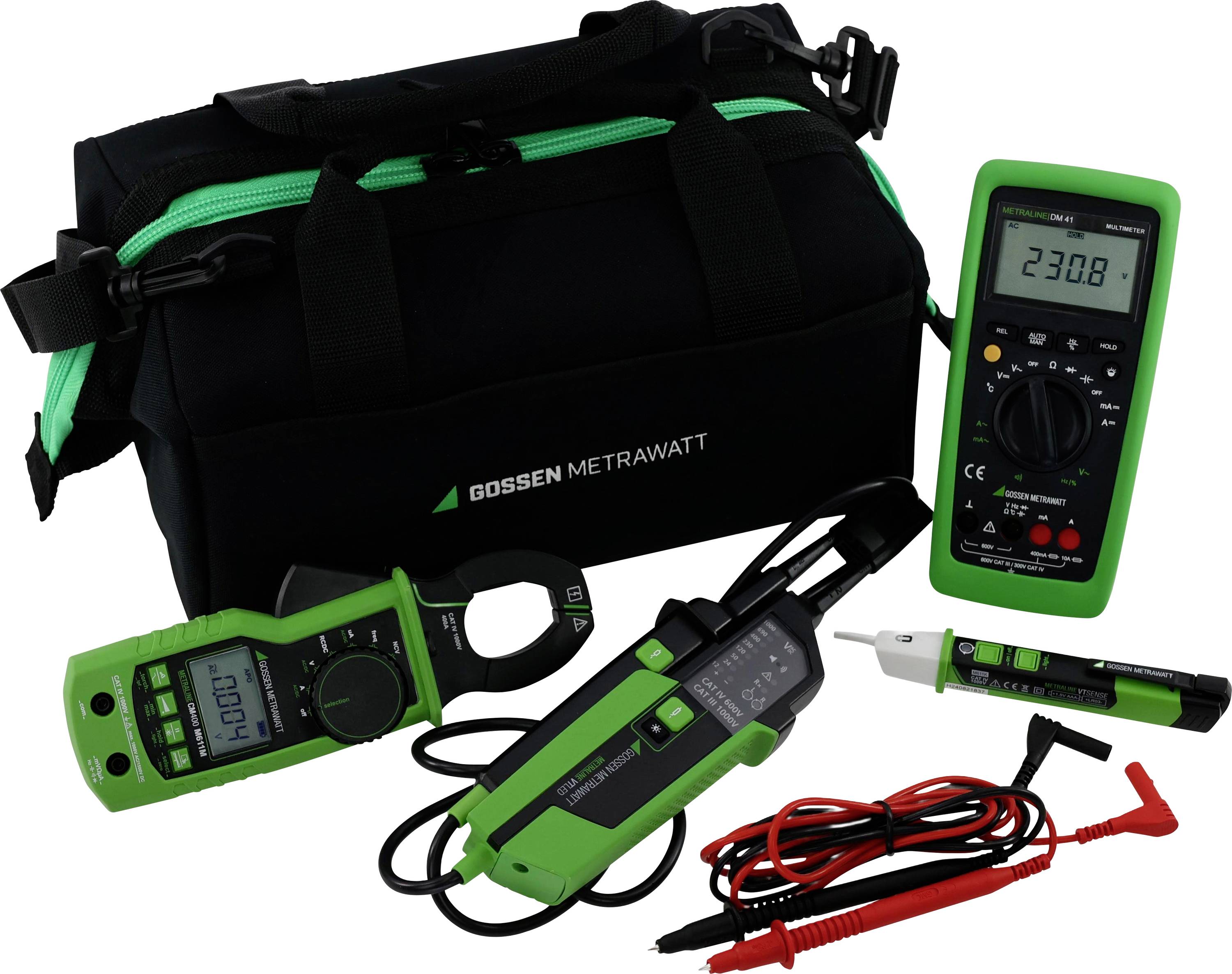 Gossen Metrawatt elektrisk testsæt med transporttaske, digitalt multimeter, strømtang, spændingsprøver, probe og testledninger.