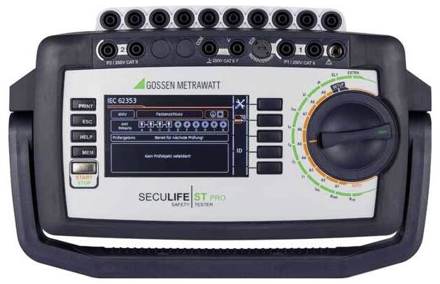 Frontalvisning af en Gossen Metrawatt SECULIFE ST PRO sikkerhedstester med display, funktionsknappar og drejekontrol-knap.