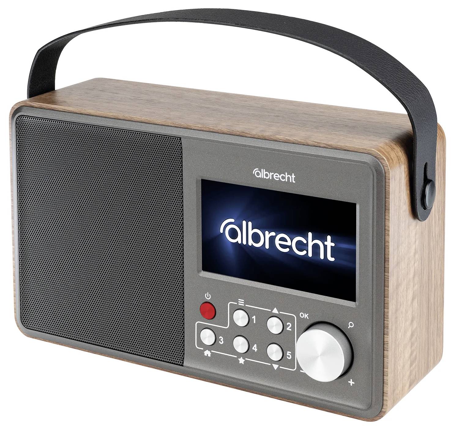 Bærbar Albrecht-radio med træfinish, bærehåndtag, højttalergitter, display, forindstillingsknapper og stemmeknap.