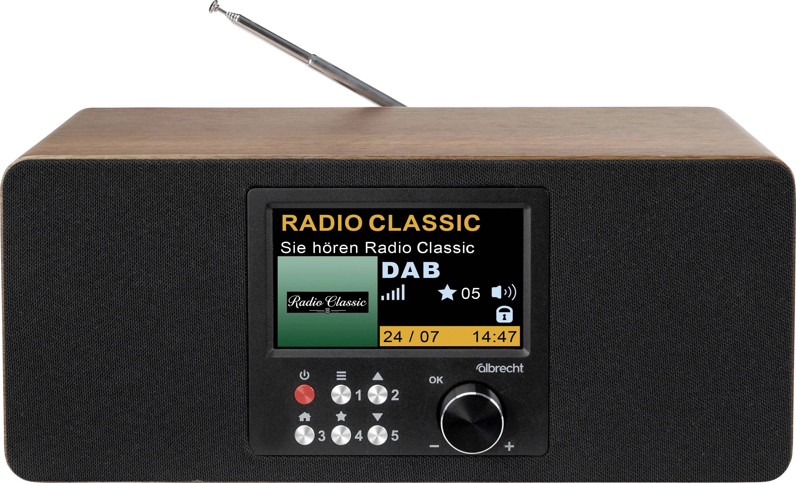 Sort bordradio med antenne og farveskærm, der viser 'RADIO CLASSIC' DAB-station, forudindstillede knapper og drejeknap til indstilling.