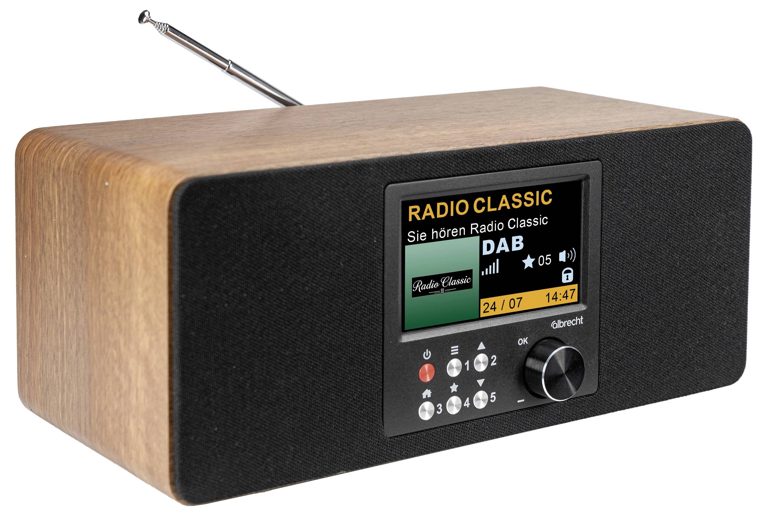 Bærbar bordradiо med træstrukturerede sider, sort forgrille, antenne og display, der viser 'RADIO CLASSIC' og 'DAB'-stationsinformationer.