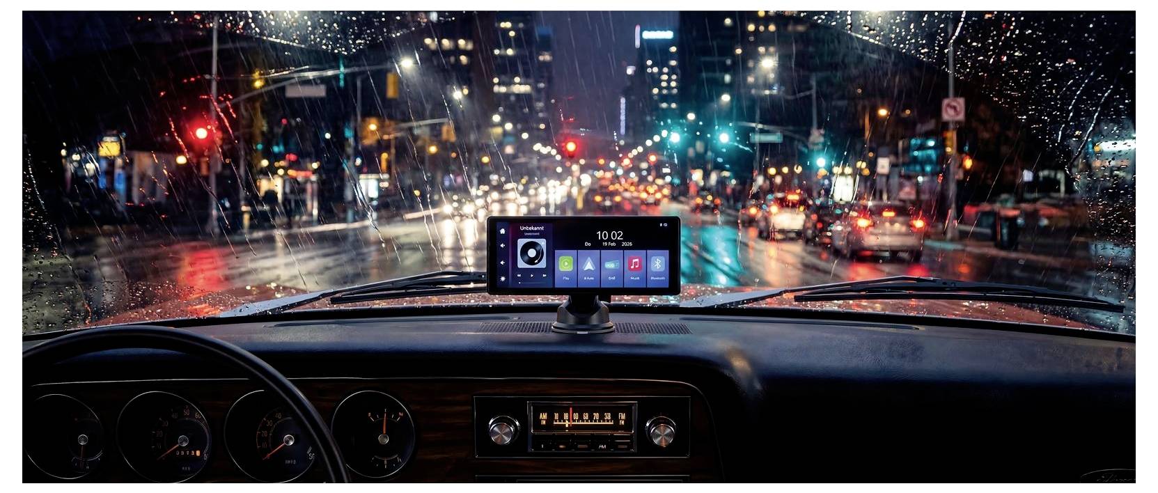 Udsigt fra inde i en bil, der kører i regn om natten, med bytrafik og trafiklyser foran og en smartphonedashboard-visning centreret på forruden.