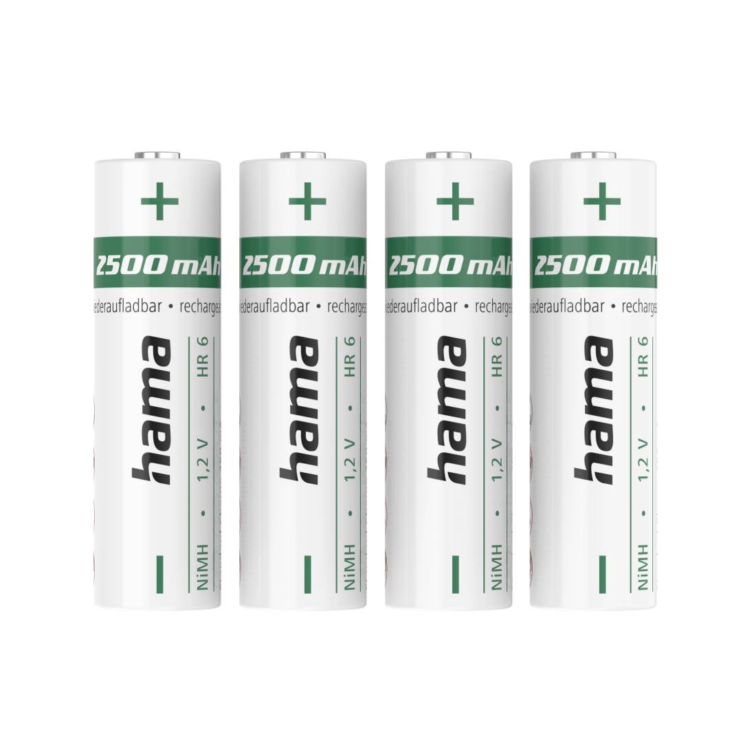 Fire Hama genopladelige AA NiMH-batterier, hver mærket 2500 mAh, vist oprejst på hvid baggrund.