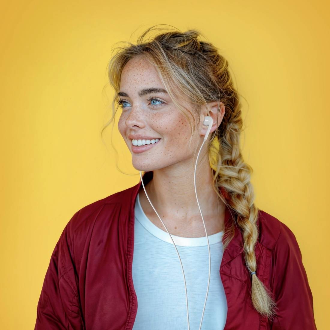 Smilende kvinde med flettet blondt hestehale, der bærer øretelefoner, rød jakke og hvid skjorte på gul baggrund.