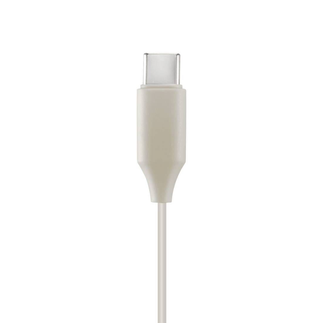 En hvid USB-C-kabelstik på en ensfarvet hvid baggrund.