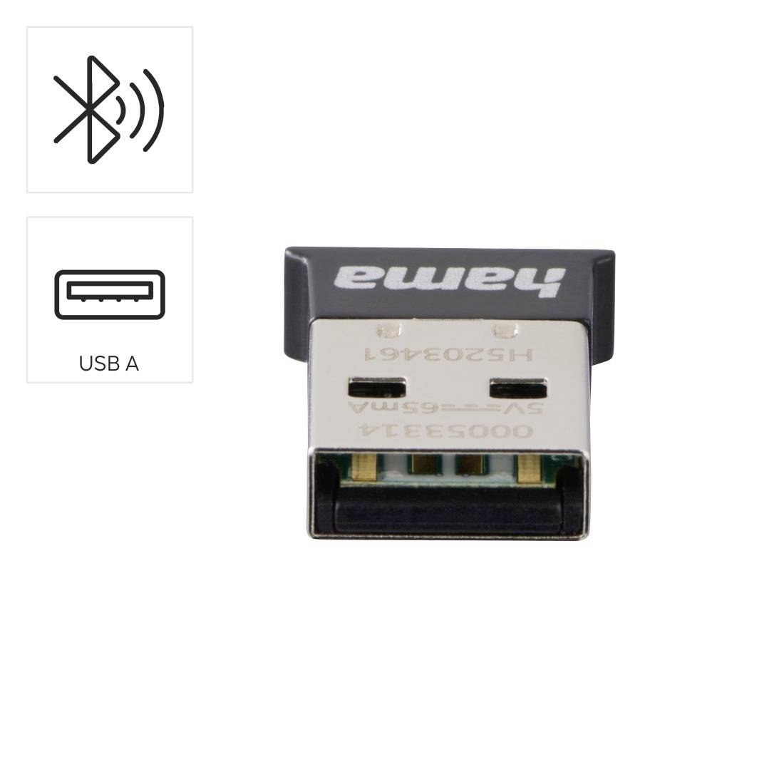 Bluetooth USB A-adapterdongel vist med Bluetooth- og USB A-ikoner