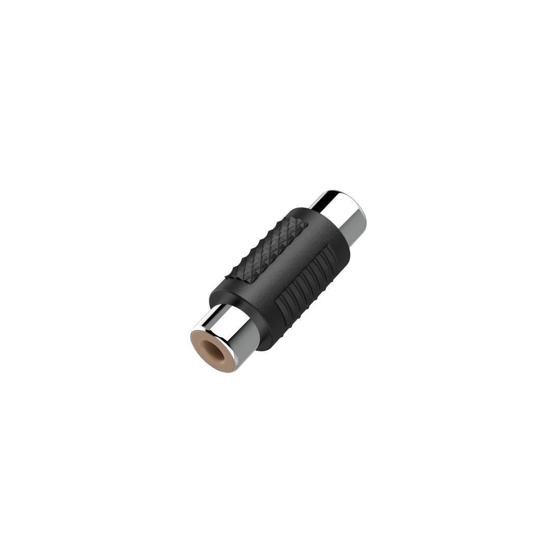 Sort audioadapter med kromslutninger, vist på en hvid baggrund.
