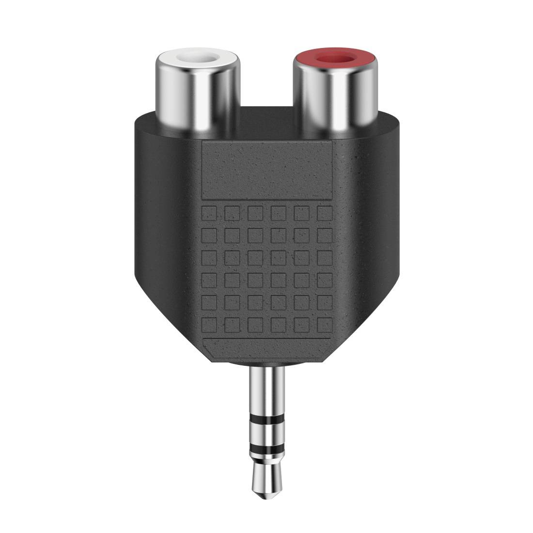 Sort audio-adapter med to hun-RCA-stik og en 3,5 mm han-stik til at forbinde RCA-lyd til et hovedtelefonstik.