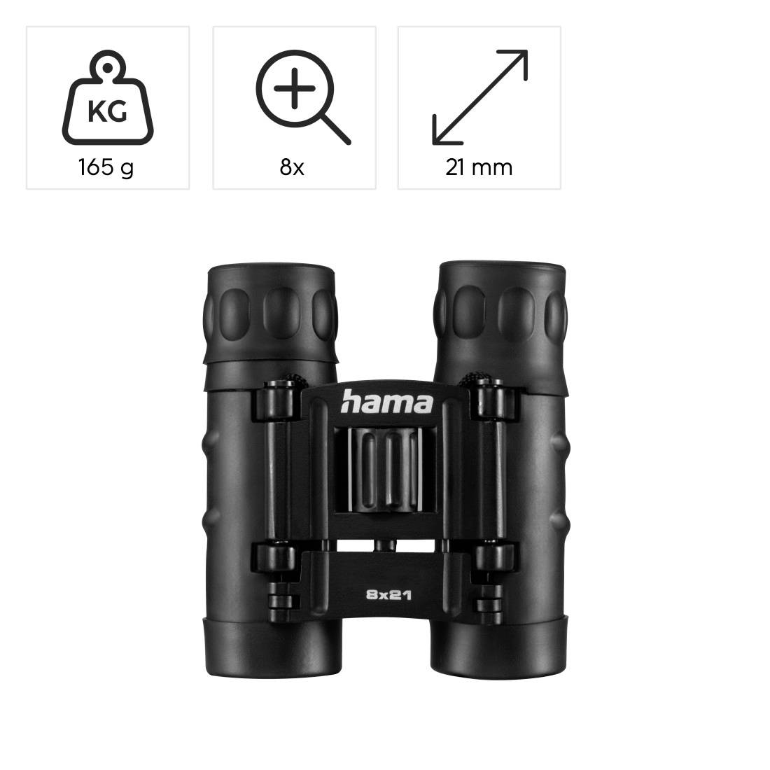 Produktbillede af sorte Hama-kikkerter mærket 8x21, der viser 165 g vægt og 21 mm dimensioner.
