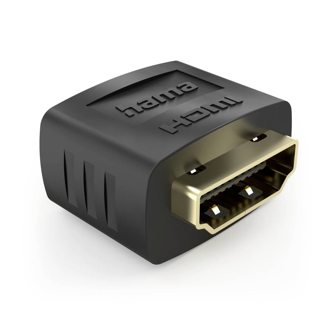 Sort HDMI-stikadapter vist i nærbillede med HDMI-etiketter synlige på huset.