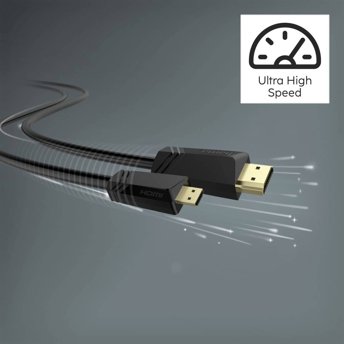 Illustration af et HDMI-kabel med forgyldte stik og et hastighedsikon mærket 'Ultra High Speed', der indikerer højtbåndsbredde videoverføring.