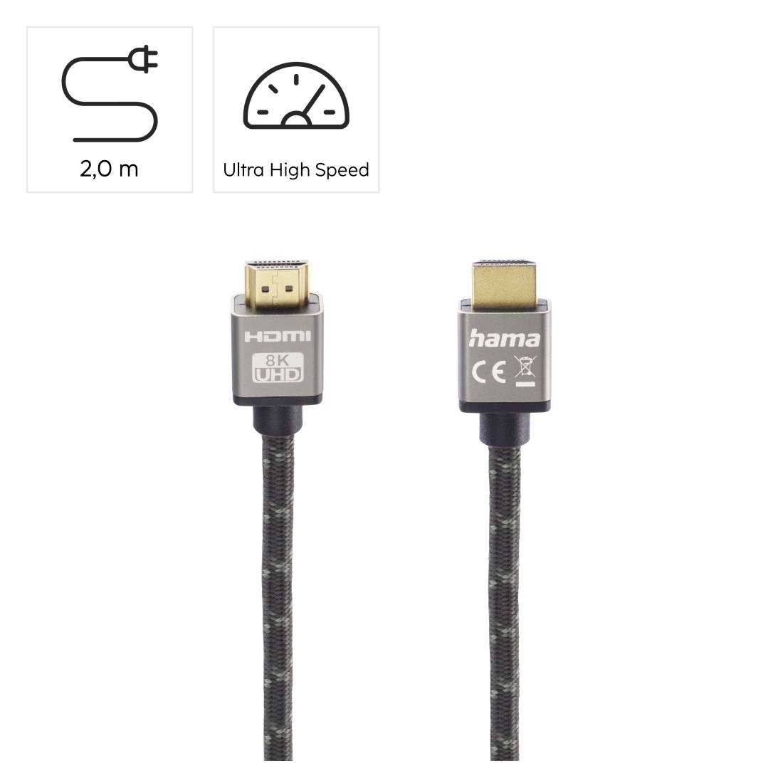 Ultra High Speed 2.0 m HDMI-kabel med 8K UHD stikkonnektor-ender vist fra for- og bagside.
