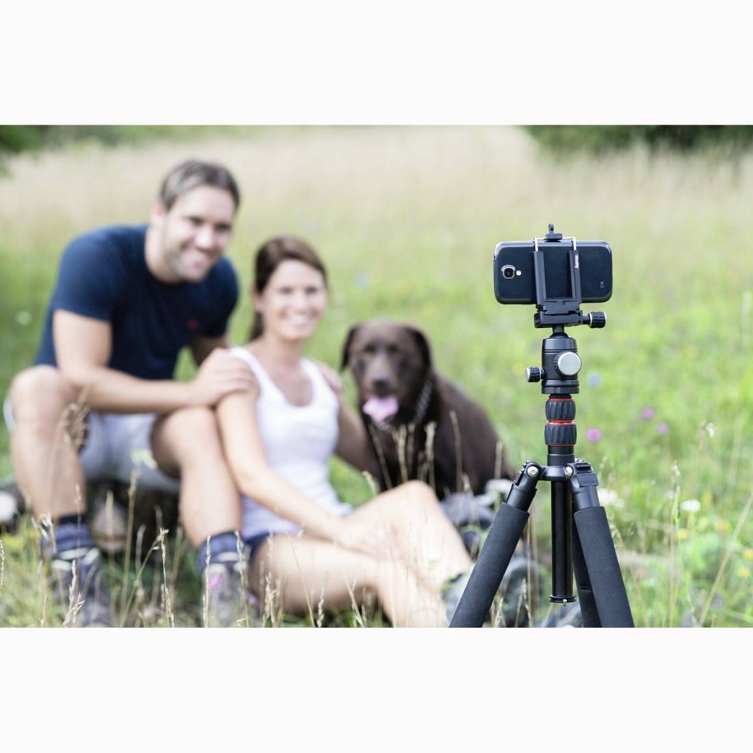 En smartphone på et stativ optager et smilende par og deres hund, der sidder på en græsmark.