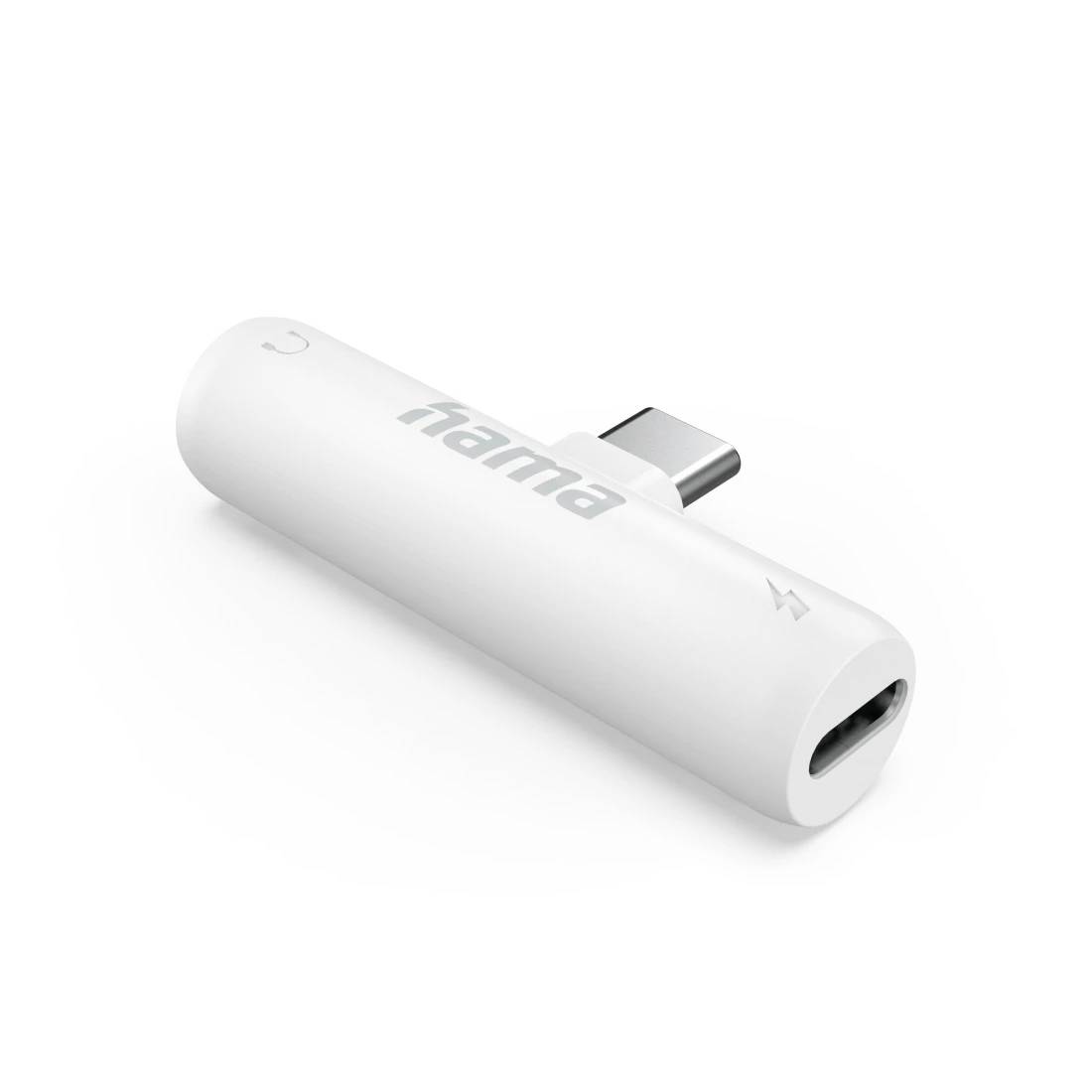 Hvidt Hama USB-C-adapter-dongle med Hama-logo og ladeikon, vist på en neutral baggrund.