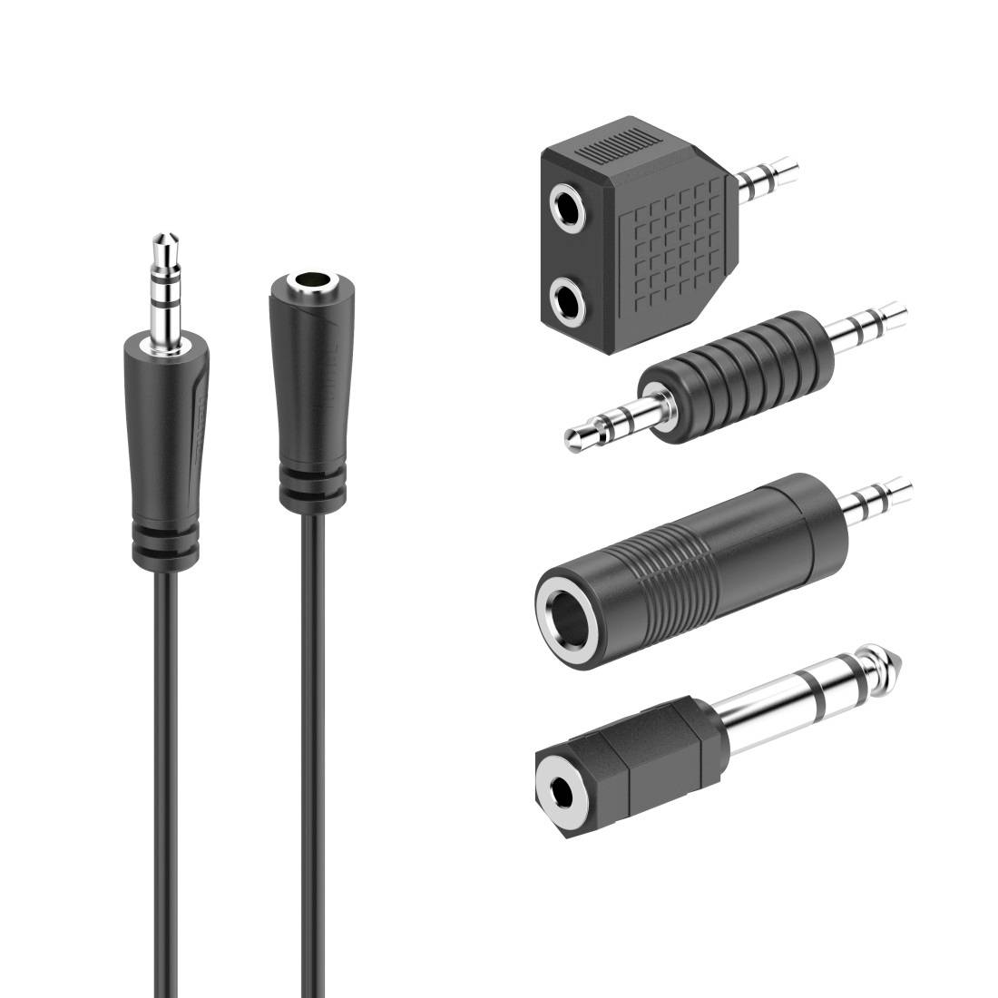 Illustration af audioadaptertilslutninger og kabler, der viser 3,5 mm han- og hunstik, inklusive splitter- og forlængerstile.