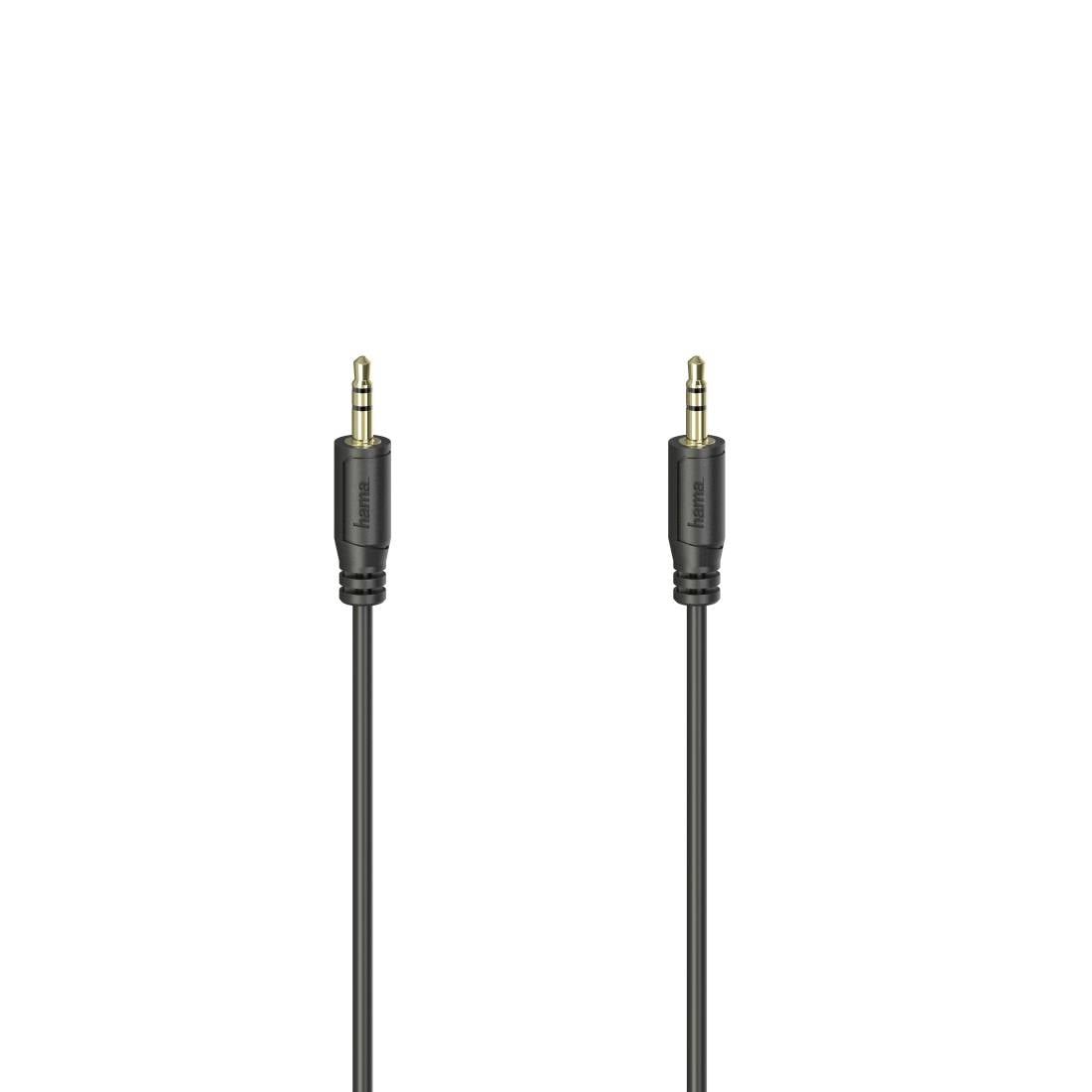 To audio kabler af sort farve med 3,5 mm hanstik i begge ender, vist side om side på en hvid baggrund.