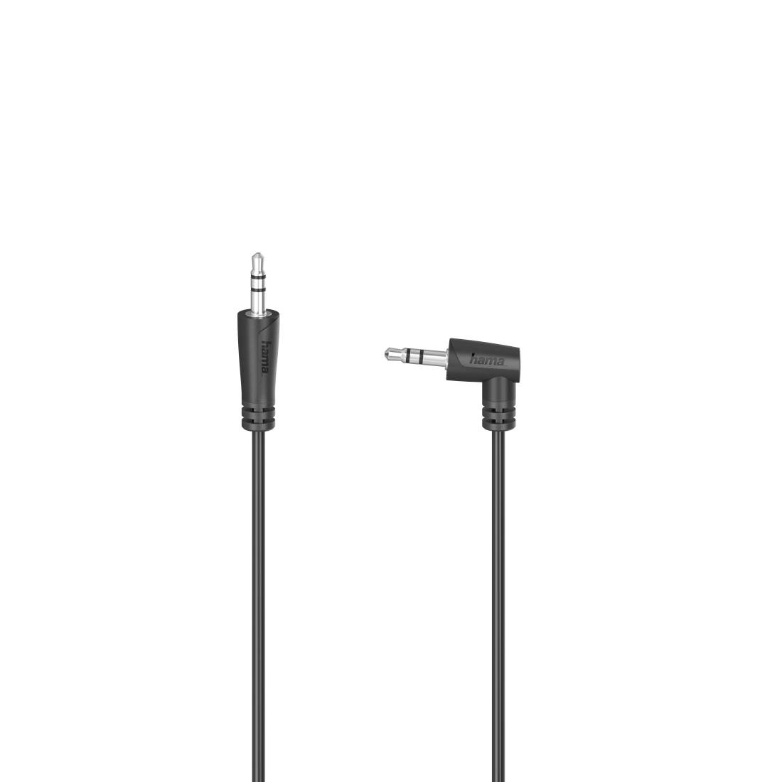 To sorte 3,5 mm audiokabelar, ett med rett kontakt og ett med vinkelkontakt, vist på plain hvit bakgrunn.