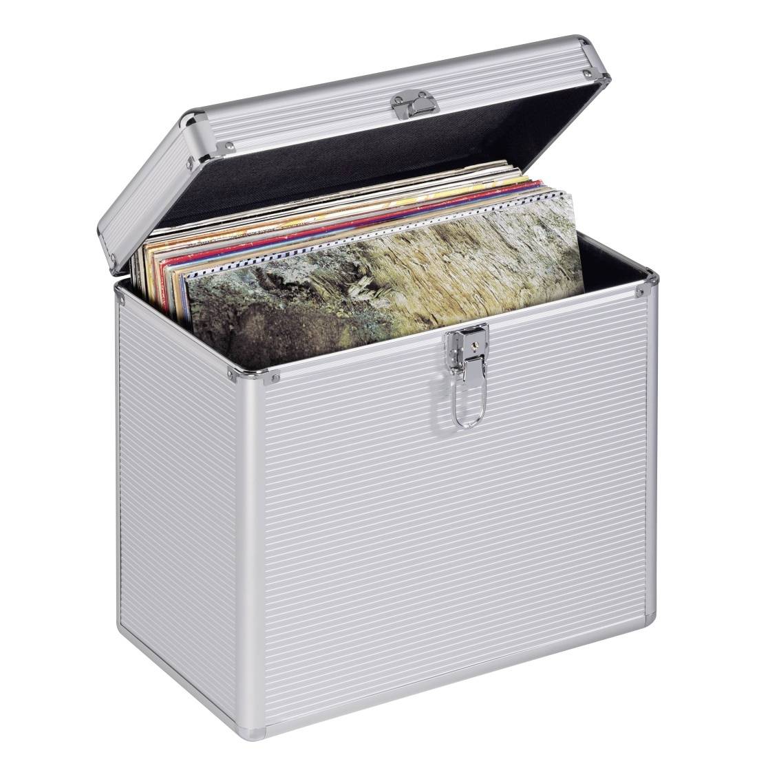 Åbent sølvmetallic opbevaringskasse, der holder en stak vinyloptagelser eller albumbetegnelser, vist mod en hvid baggrund.