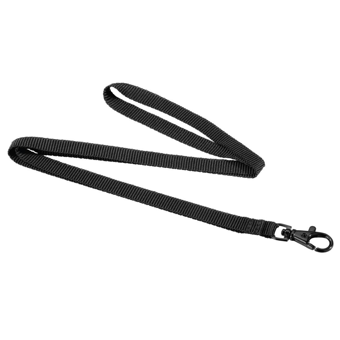 Sort nylon snor med metalklemme, opviklet på hvid baggrund.