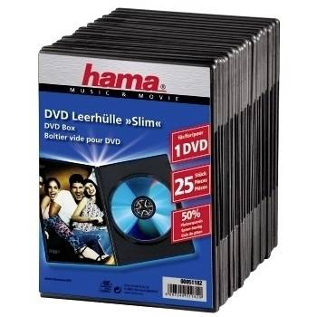 Pakke med Hama DVD slim cases, der viser 'DVD Leerhülle Slim' og '1 DVD, 25 stk., 50%' på kassen.