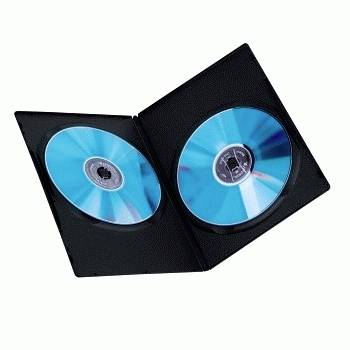 Åben sort DVD-kasse med to blå skiver på hvid baggrund.
