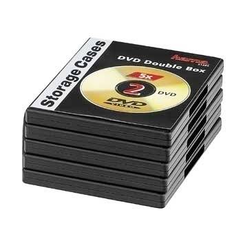 Stak af sorte DVD-opbevaringskasser mærket 'DVD Double Box' til opbevaring af to diske hver