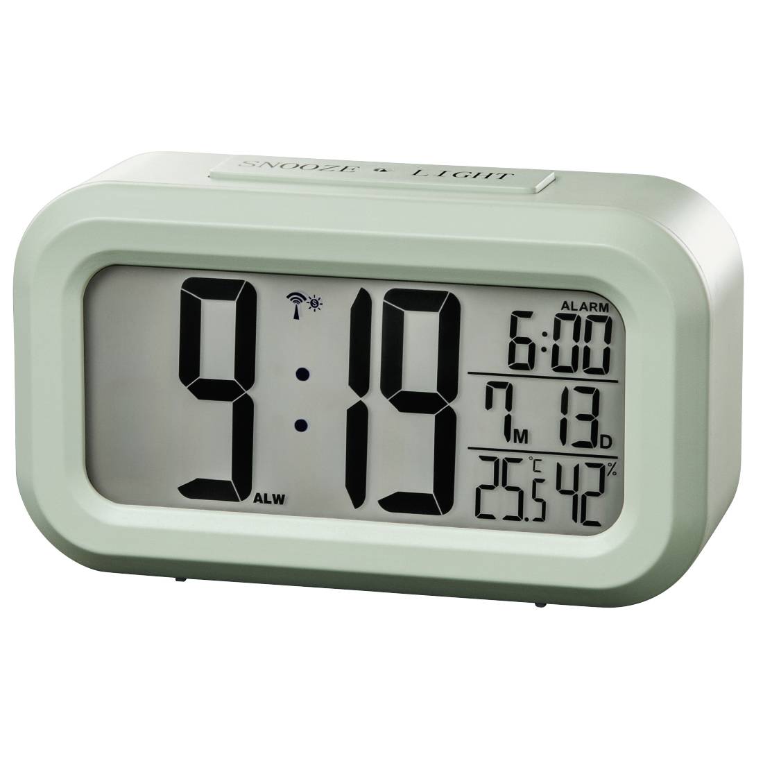 Mintgrønt digitalt vækkeur viser 9:19, med alarm indstillet til 6:00 og dato/tid-temperaturvisning på højre side.