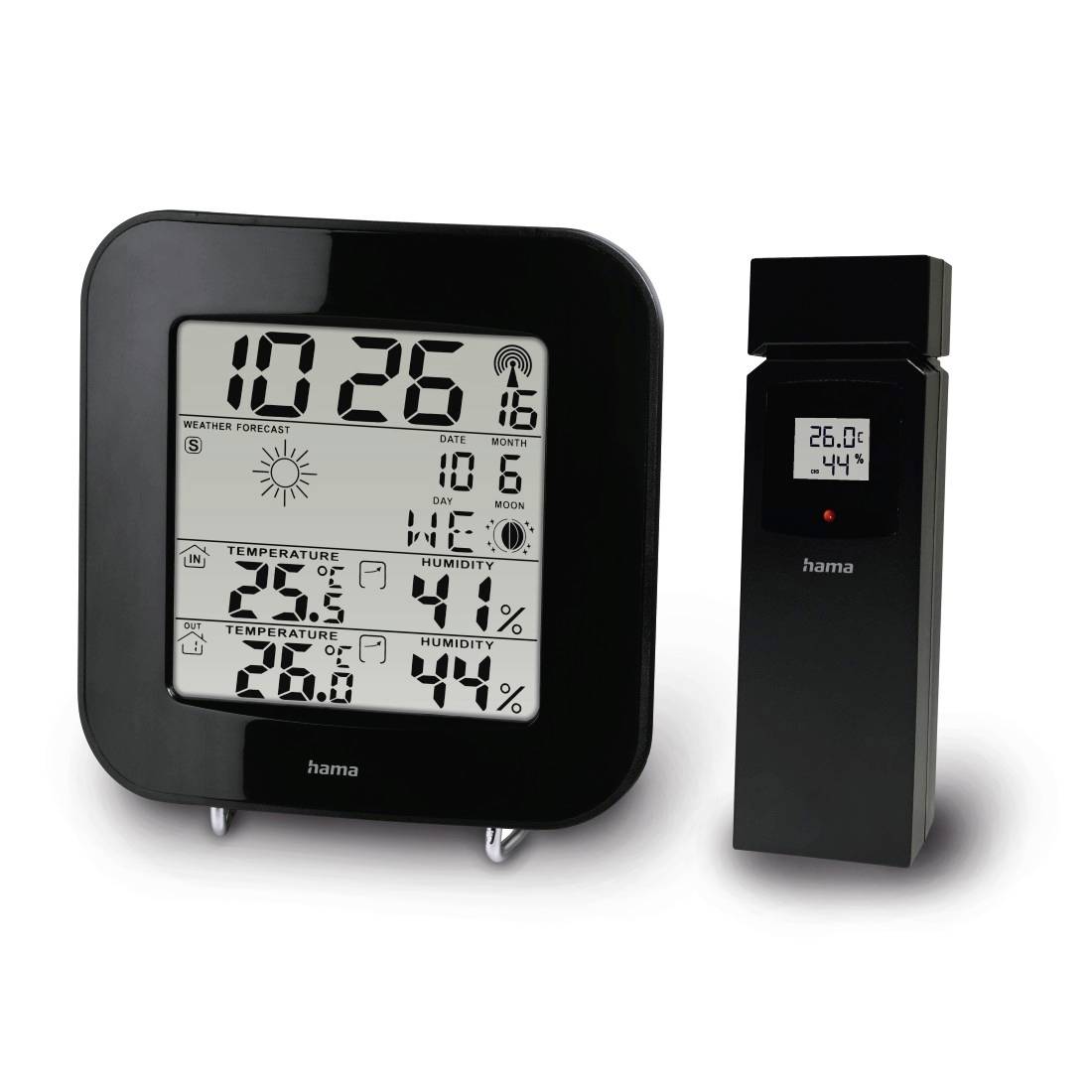 Sort Hama digitalt vejrstation med trådløs udendørssensor, der viser tidspunkt, vejrprognose, dato, indetemperatur og udetemperatur samt fugtighed.