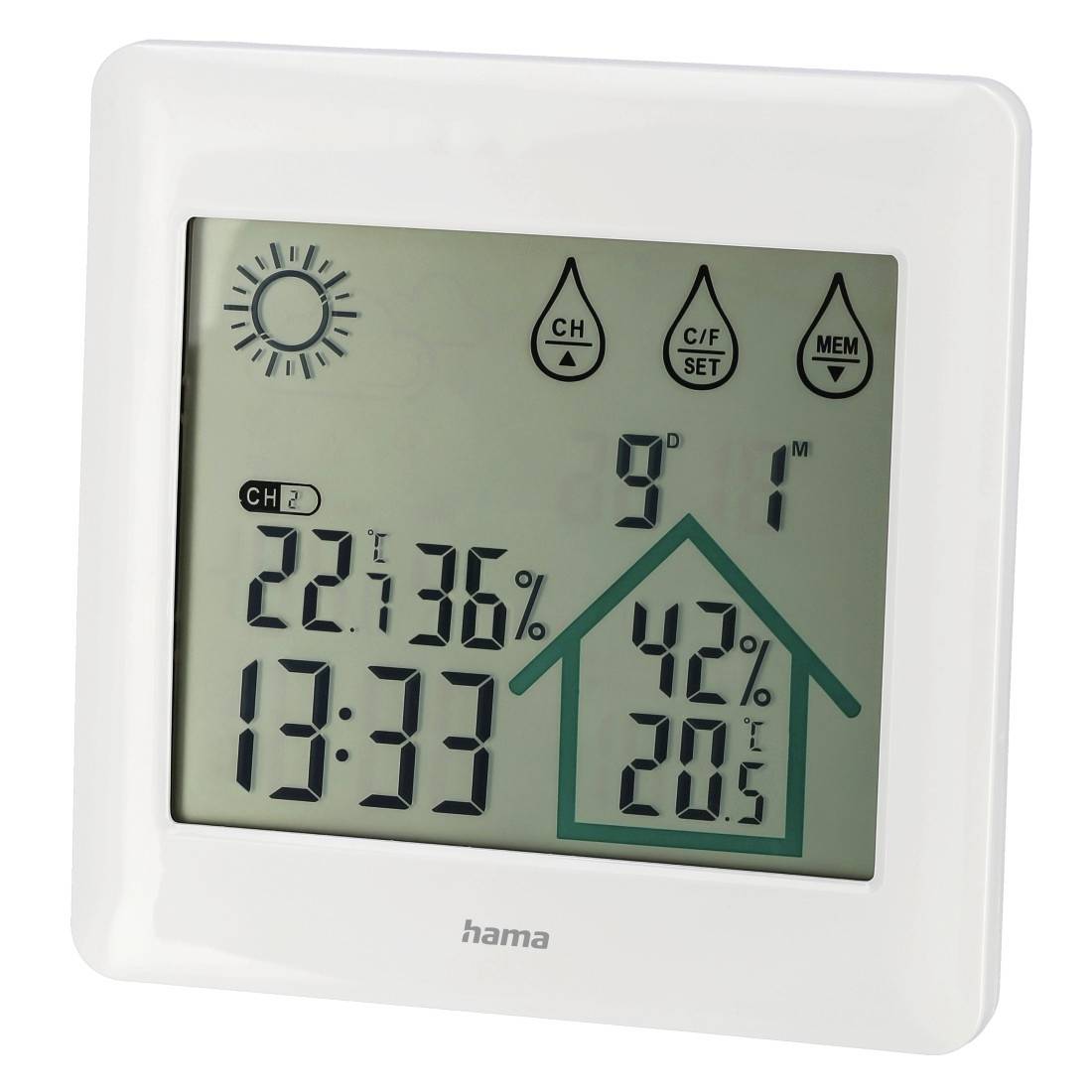 Digitalt indendørs termometer-hygrometer, der viser stue- og udendørsaflæsninger, tiden 13:33 og komfortikonet, som viser 42% fugtighed og 20,5°C indendørs.