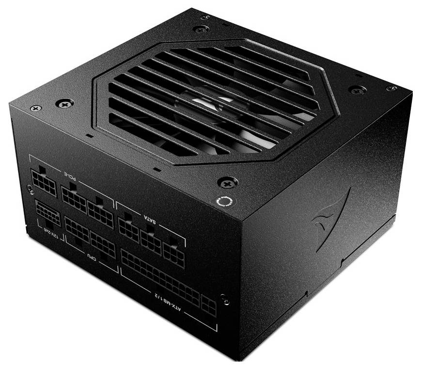 Sort modulart computerkraftforsyningsudstyr med ventilationsgitter på toppen og flere kabelkoblingsstik på siden.