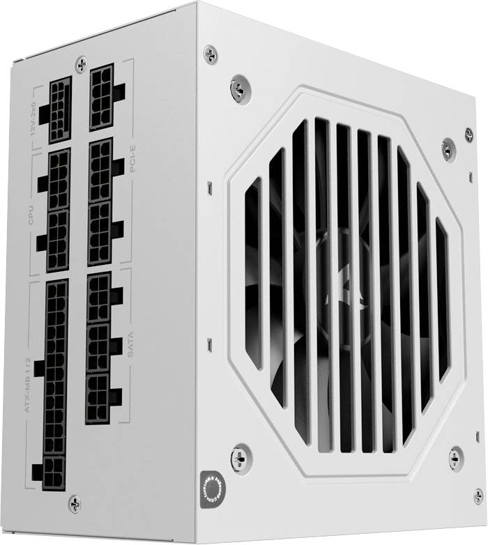 Hvid computerstrømforsyningsenhed vist i en vinkel, med modulare kabelporte på den ene side og en ventilgitter på den anden side.