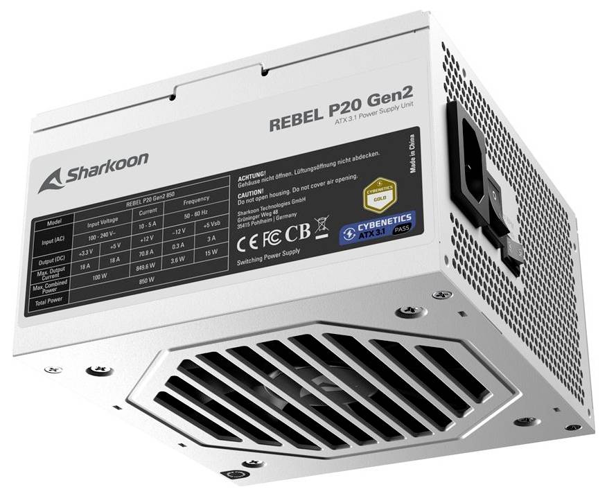 Computerforsyningsenhed mærket "Sharkoon REBEL P20 Gen2" med ventileret metalhus og ATX 3.1-mærkning.