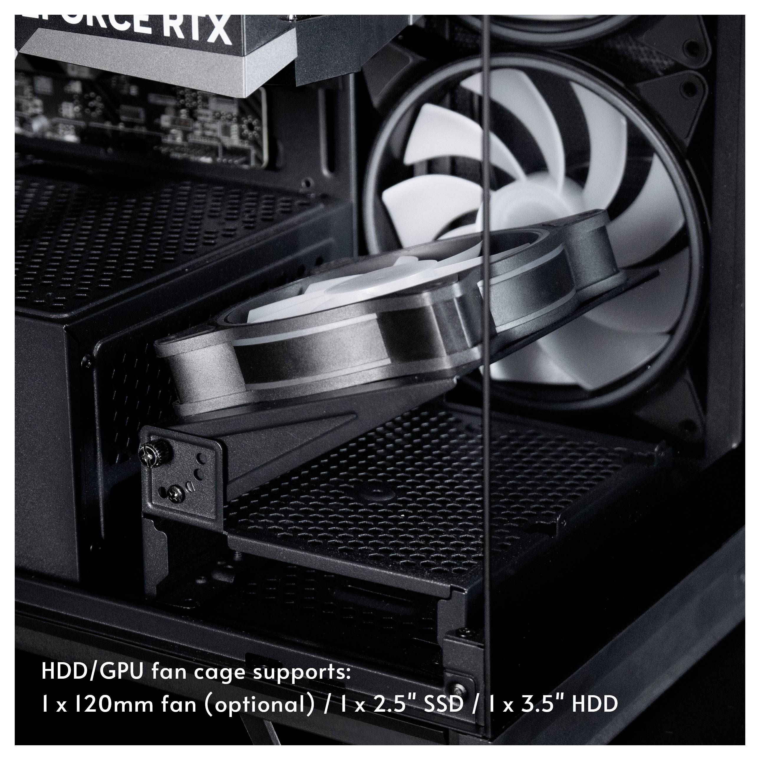 Interiør af et PC-kabinet viser en GPU-støttebøjle og fankasse med tekst der angiver, at det understøtter én 120mm ventilator, én 2,5" SSD eller én 3,5" HDD.