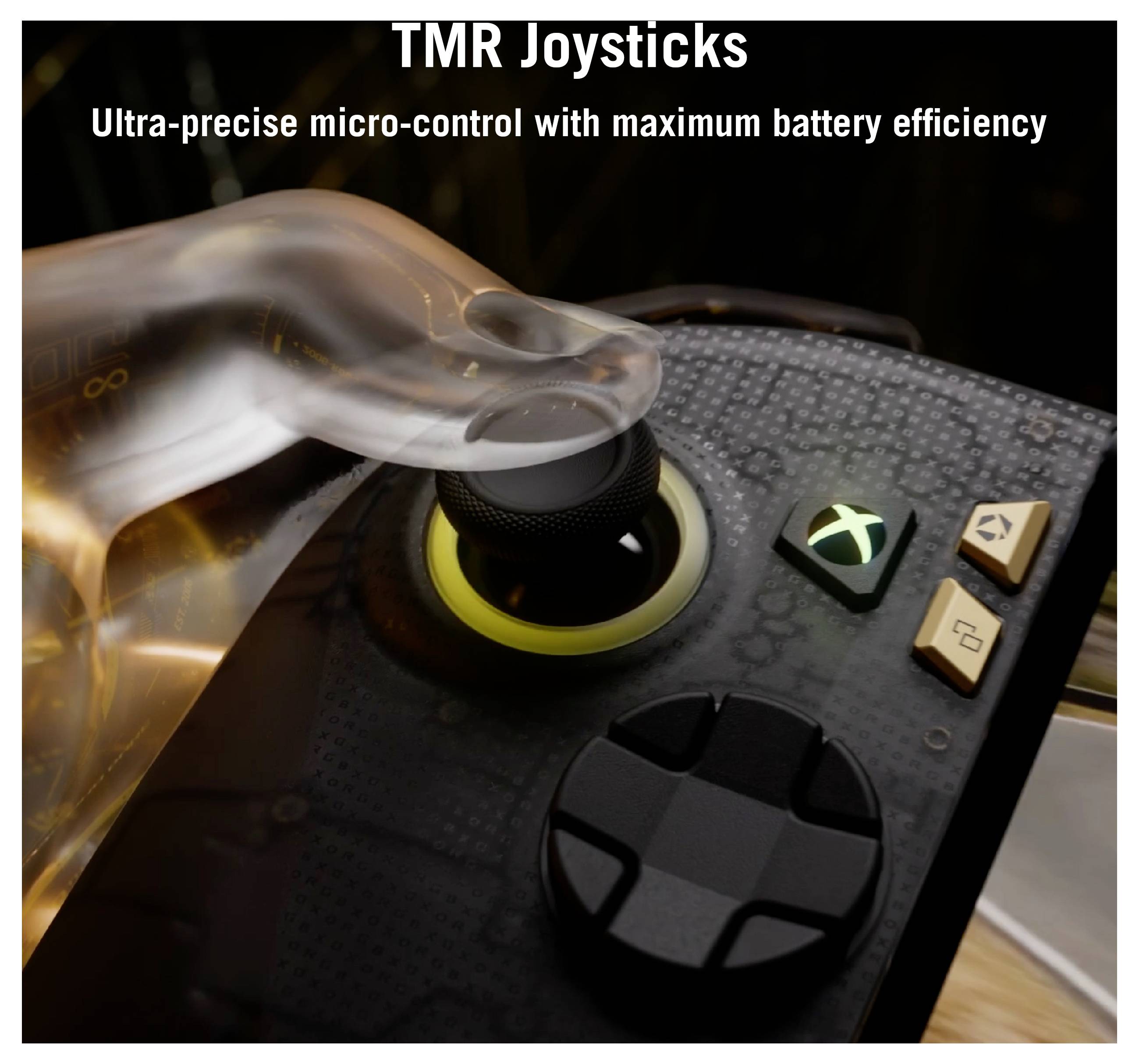 Promobillede af en hånd, der bruger en joystick på en gamecontroller, med teksten 'TMR Joysticks' og 'Ultra-præcis mikrokontrol med maksimal batteriefficiens'.