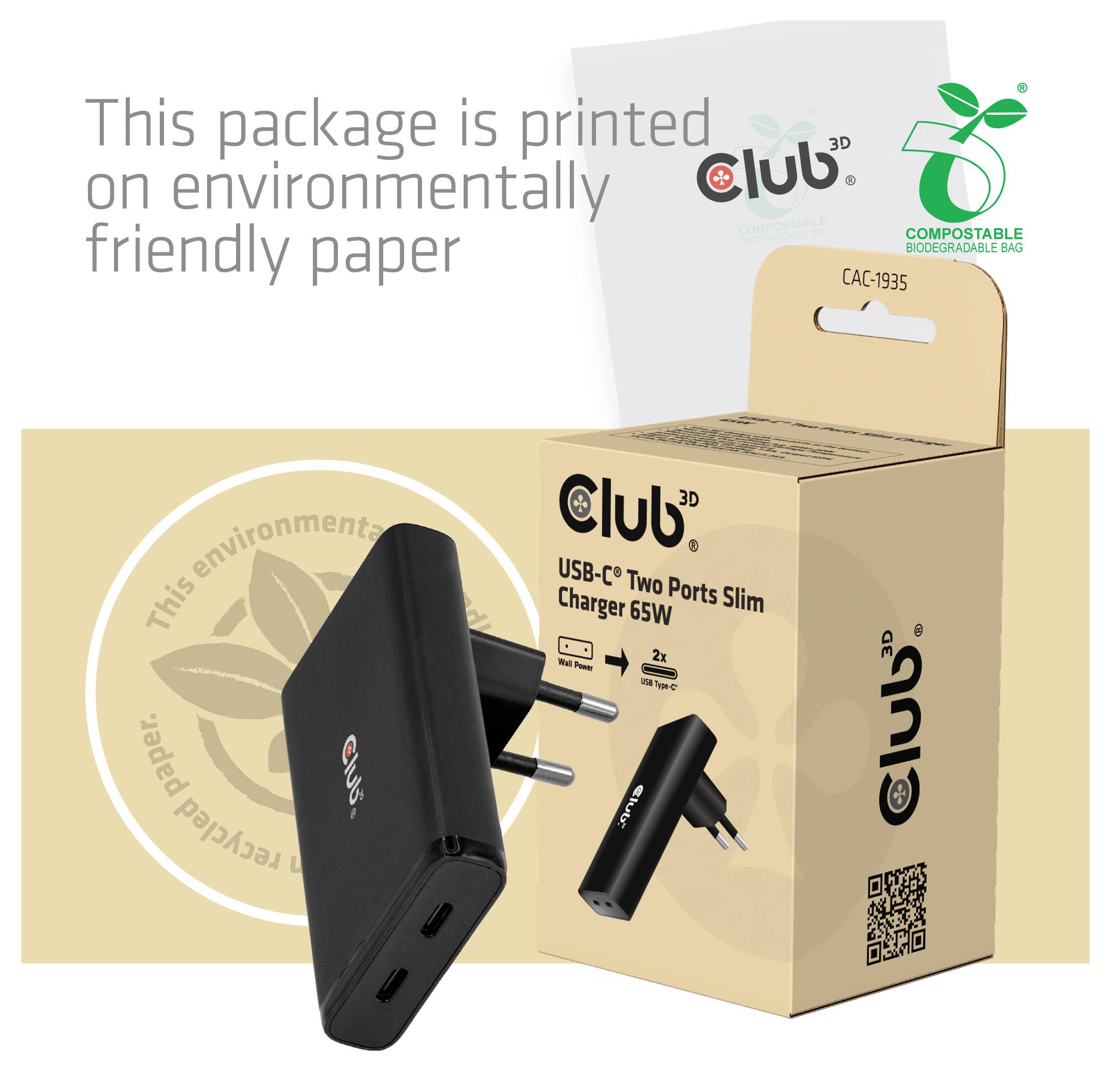 Produktemballage til en Club 3D USB-C to-port slim 65W oplader, vist med opladeren og miljøvenligt, kompostérbart papiretiket.