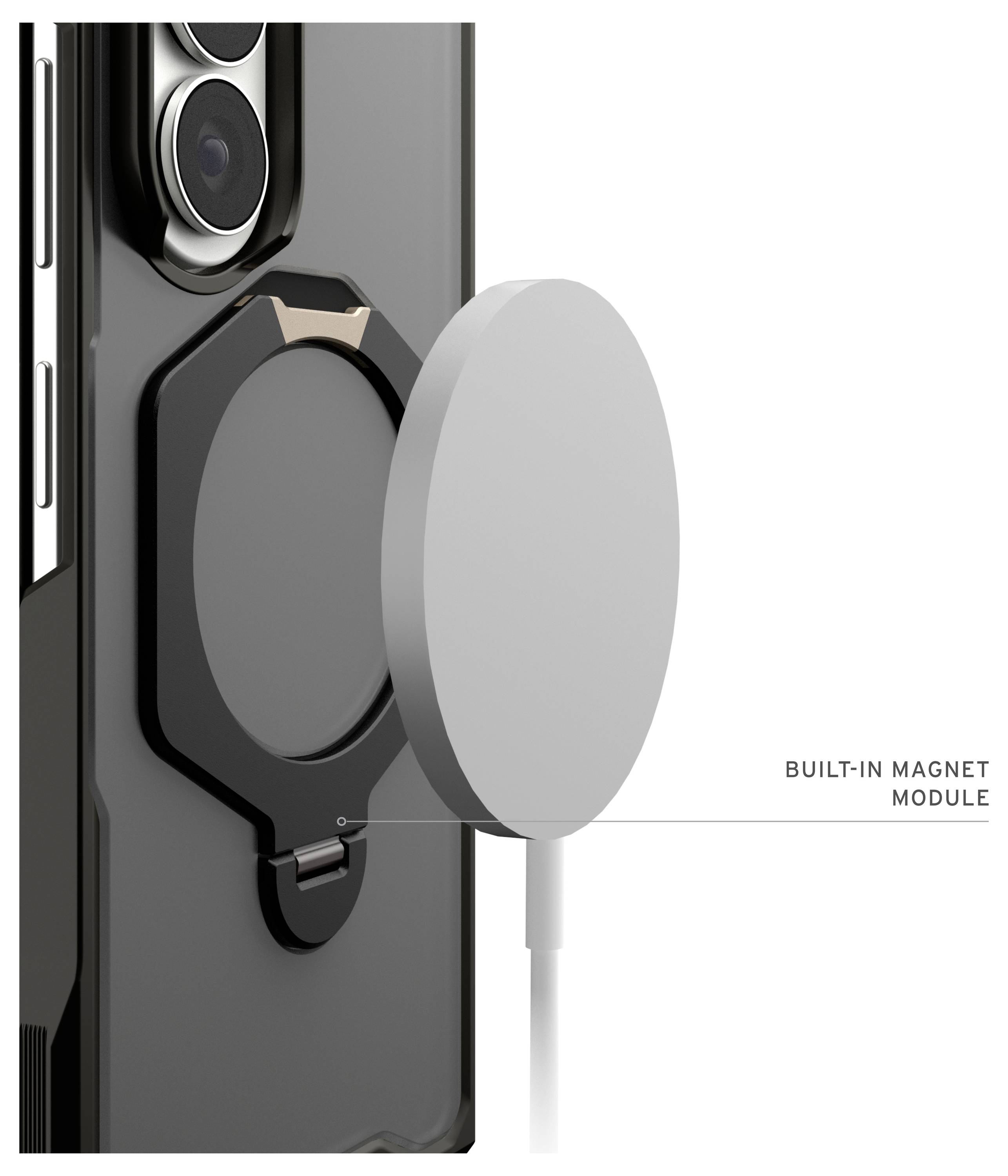Telefonetui med et indbygget magnetmodul, der holder en cirkulær MagSafe-lignende oplader på bagsiden tæt ved kameraet.