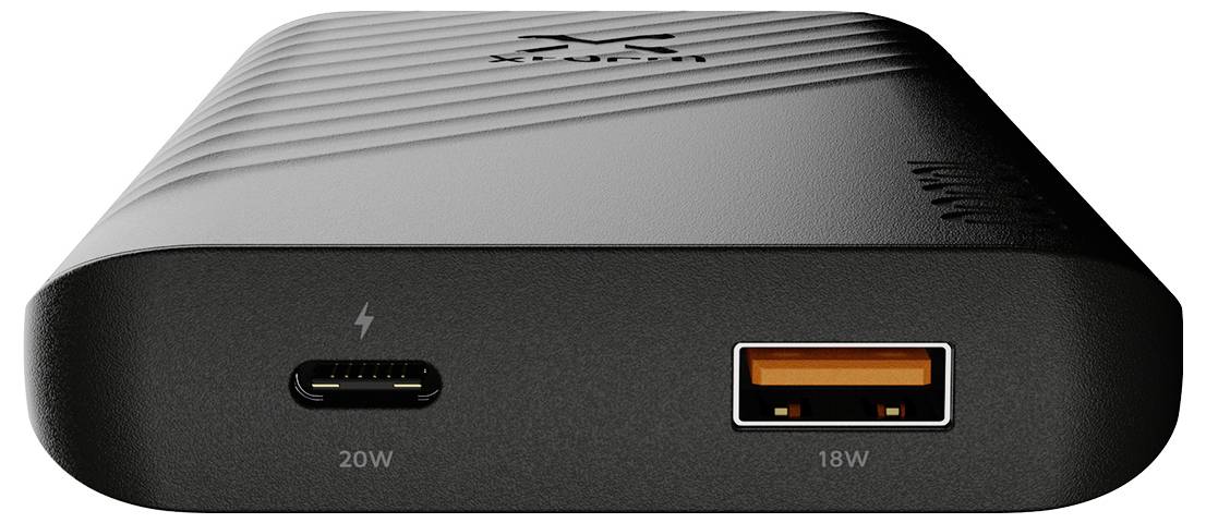 Frontalvisning af en sort enhed, der viser to opladningsporte: en 20W USB-C-port på venstre side og en 18W USB-A-port på højre side.
