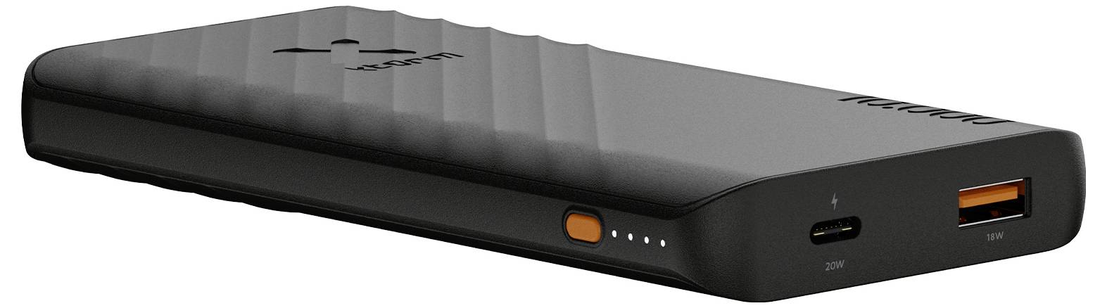 Bærbar powerbank med struktureret sort kabinet, USB-C input- og USB-A outputporte på forsiden, plus fire batteriindikatorbatterilys og en sideplaceret tænd/sluk-knap.