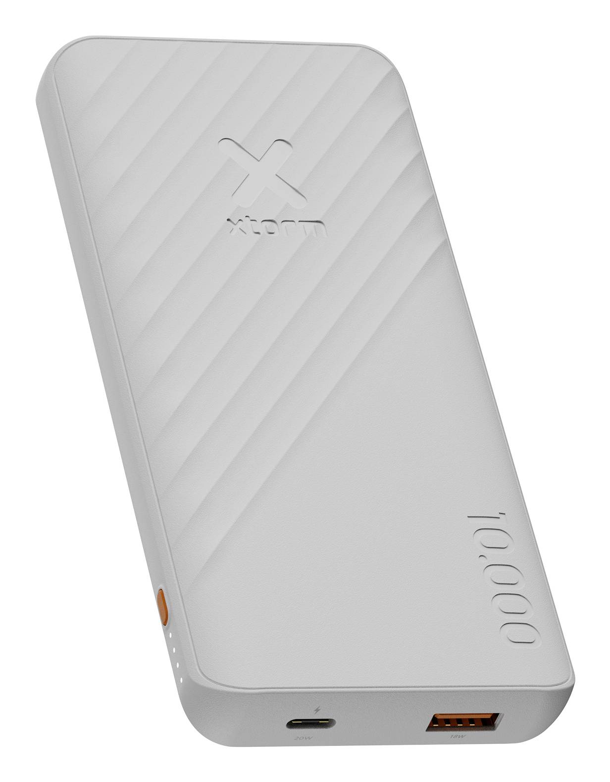 Hvid bærbar powerbank med diagonale ribber, USB-C opladningsport og USB-A udgangsport, vist på en simpel baggrund.