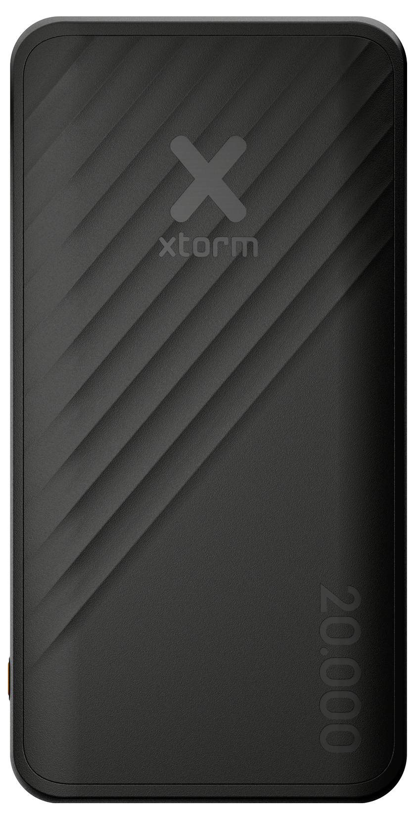 Sort 20.000 mAh bærbar powerbank med diagonale rifler og "xtorm" logo