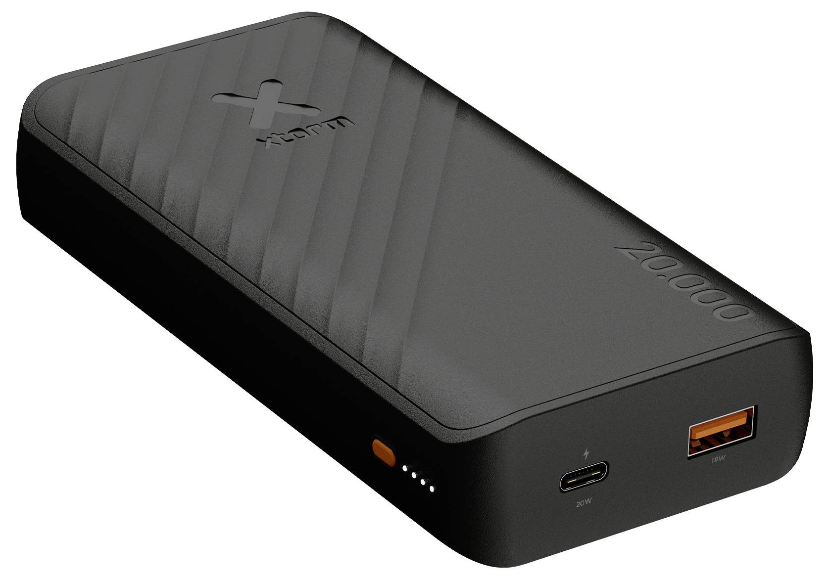 Sort bærbar powerbank med USB-C og USB-A porte, fire batteri-indikaterlys og præget logo.