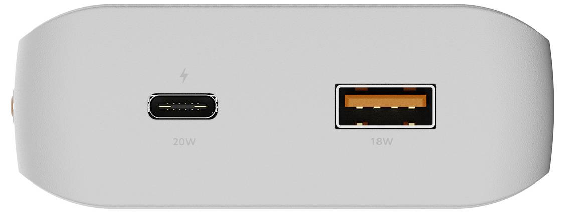 Sidevisning af en hvid strømadapter med to porte: USB-C mærket '20W' og USB-A mærket '18W'.