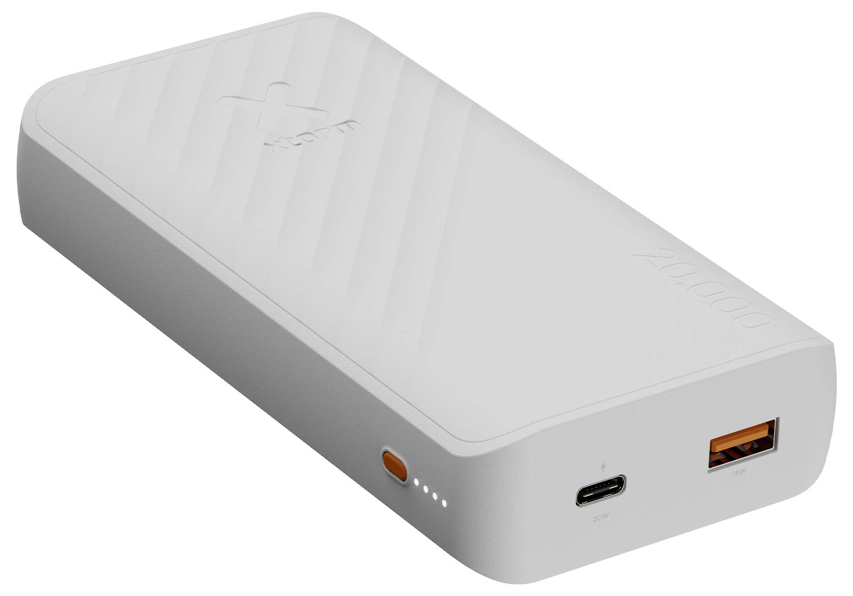 Hvid bærbar powerbank i skrå vinkel på en neutral baggrund, der viser en USB-C-port, USB-A-port, tænd/sluk-knap og LED-indikator for opladning.